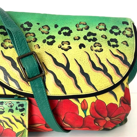 ANUSCHKA Multicolor Hand Painted Leather Wallet w Shoulder Bag Crossbody Satchel - Picture 2 of 16